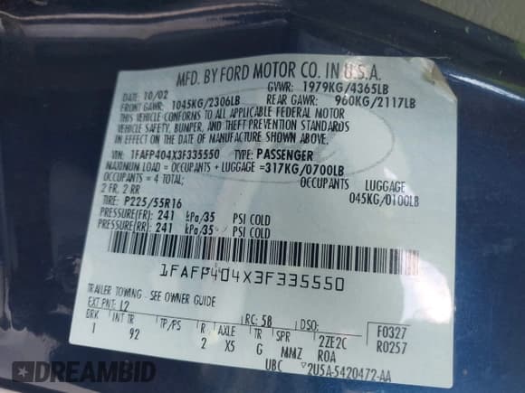 ✅ 2003 Ford Mustang Standard • VIN: 1FAFP404X3F335550 • Lot: 43474146. Listed on IAAI with 89,455 mi. Free auction sales archive from the USA and detailed vehicle history report at DreamBid. Image 9.