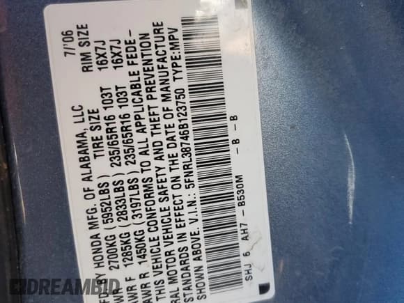 ✅ 2006 Honda Odyssey EX-L • VIN: 5FNRL38746B123750 • Лот: 90249165. Опубликован ранее на Copart с пробегом 264 175 миль. Бесплатный доступ к архиву аукционных продаж из США и подробный отчёт об истории автомобиля на DreamBid. Изображение 13.