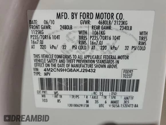 2010 Mercury Mariner Premier с VIN 4M2CN9HG8AKJ29432, выставлен на аукционе Copart как лот 86159455 с пробегом 139 479 миль миль и Чистый • Clean title. История ставок и продаж доступна на DreamBid. Изображение 13.