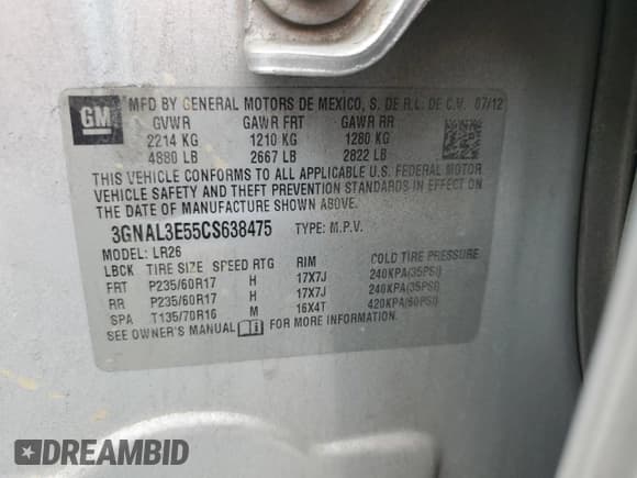 ✅ 2012 Chevrolet Captiva Sport LT • VIN: 3GNAL3E55CS638475 • Лот: 49876755. Опубликован ранее на Copart с пробегом 141 791 миль. Бесплатный доступ к архиву аукционных продаж из США и подробный отчёт об истории автомобиля на DreamBid. Изображение 13.