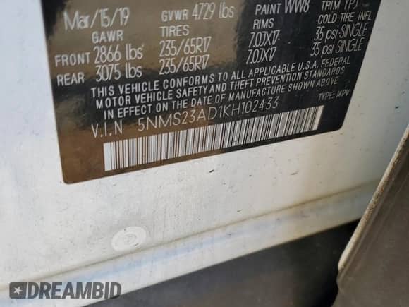 2019 Hyundai Santa Fe SE z VIN 5NMS23AD1KH102433, wystawiony jako Copart lot #71176022 z przebiegiem 70 051 mil mil oraz . Historia ofert i sprzedaży dostępna na DreamBid. Obrazek 13.