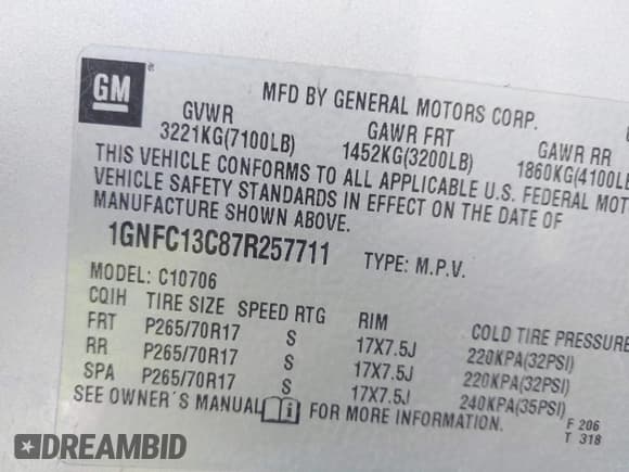 ✅ 2007 Chevrolet Tahoe LS • VIN: 1GNFC13C87R257711 • Lot: 42959692. Listed on IAAI with 308,717 mi. Free auction sales archive from the USA and detailed vehicle history report at DreamBid. Image 9.
