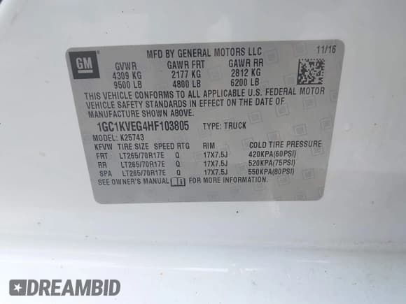 ✅ 2017 Chevrolet Silverado 2500HD LT • VIN: 1GC1KVEG4HF103805 • Lot: 42528905. Listed on IAAI with 306,889 mi. Free auction sales archive from the USA and detailed vehicle history report at DreamBid. Image 9.