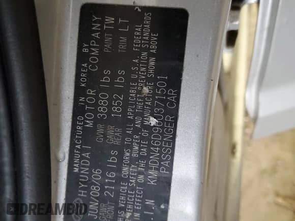 2006 Hyundai Elantra GLS z VIN KMHDN46D96U371501, wystawiony jako Copart lot #82765524 z przebiegiem 185 053 mil mil oraz Szkoda całkowita • Salvage title. Historia ofert i sprzedaży dostępna na DreamBid. Obrazek 12.