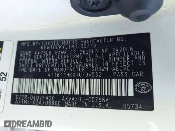 2019 Toyota Camry LE with VIN 4T1B11HKXKU794532, listed as a IAAI auction lot 43224157 with 80,828 mi miles and . Bid and sale history available at DreamBid. Image 9.