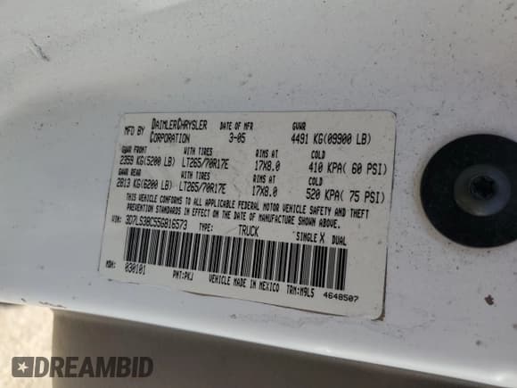 ✅ 2005 Dodge 3500 SLT • VIN: 3D7LS38C55G816573 • Lot: 62147115. Listed on Copart with 422,402 mi. Free auction sales archive from the USA and detailed vehicle history report at DreamBid. Image 12.