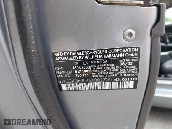 ✅ 2004 Chrysler Crossfire • VIN: 1C3AN69L34X002705 • Lot: 42482657. Wystawiony na IAAI z przebiegiem 146 713 mil. Bezpłatny archiwum sprzedaży aukcyjnych z USA i szczegółowy raport historii pojazdu na DreamBid. Zdjęcie 9.