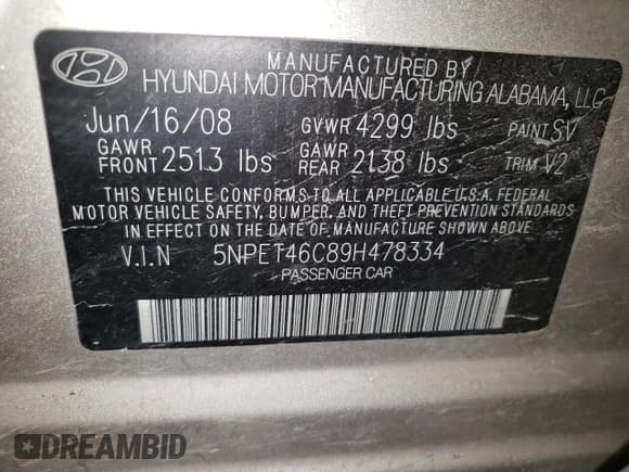 ✅ 2009 Hyundai Sonata GLS • VIN: 5NPET46C89H478334 • Lot: 82604985. Listed on Copart with 93,893 mi. Free auction sales archive from the USA and detailed vehicle history report at DreamBid. Image 12.