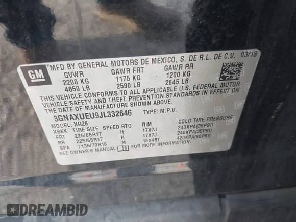 2018 Chevrolet Equinox LT с VIN 3GNAXUEU9JL332646, выставлен на аукционе IAAI как лот 42890763 с пробегом 142 195 миль миль и . История ставок и продаж доступна на DreamBid. Изображение 9.