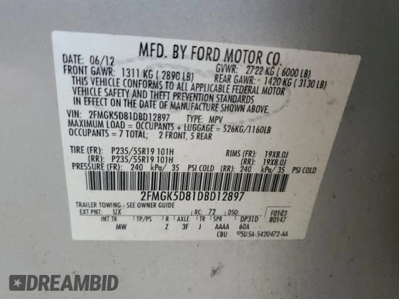 ✅ 2013 Ford Flex Limited • VIN: 2FMGK5D81DBD12897 • Lot: 82469415. Listed on Copart with Not provided. Free auction sales archive from the USA and detailed vehicle history report at DreamBid. Image 13.