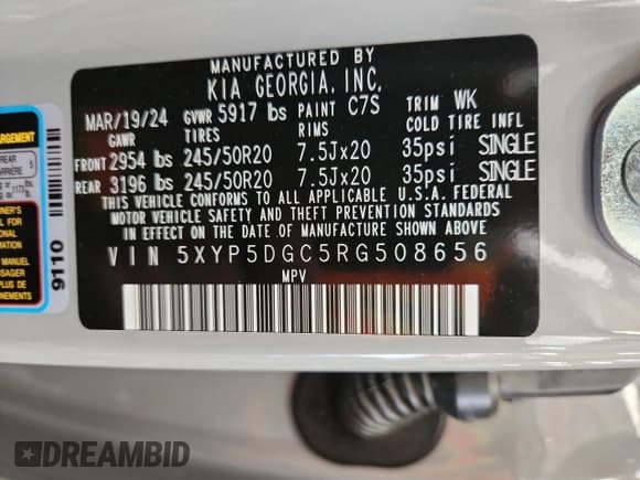 ✅ 2024 Kia Telluride SX X-Line • VIN: 5XYP5DGC5RG508656 • Lot: 63183115. Listed on Copart with 24,518 mi. Free auction sales archive from the USA and detailed vehicle history report at DreamBid. Image 14.