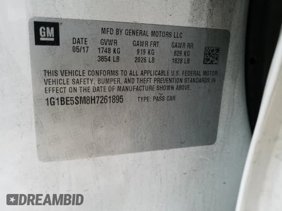 ✅ 2017 Chevrolet Cruze LT • VIN: 1G1BE5SM8H7261895 • Lot: 42573431. Listed on Copart with 86,014 mi. Free auction sales archive from the USA and detailed vehicle history report at DreamBid. Image 10.