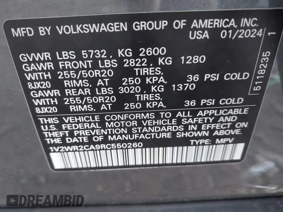 ✅ 2024 Volkswagen Atlas SE • VIN: 1V2WR2CA9RC550260 • Lot: 43268897. Listed on IAAI with 30,052 mi. Free auction sales archive from the USA and detailed vehicle history report at DreamBid. Image 9.