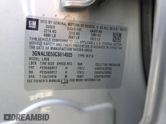 2012 Chevrolet Captiva Sport LT с VIN 3GNAL3E50CS614925, выставлен на аукционе Copart как лот 78508974 с пробегом 210 398 миль миль и Списание • Salvage title. История ставок и продаж доступна на DreamBid. Изображение 15.