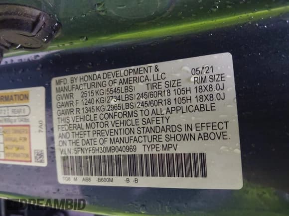 ✅ 2021 Honda Pilot EX • VIN: 5FNYF5H30MB040969 • Lot: 42510154. Wystawiony na IAAI z przebiegiem 51 692 mil. Bezpłatny archiwum sprzedaży aukcyjnych z USA i szczegółowy raport historii pojazdu na DreamBid. Zdjęcie 9.