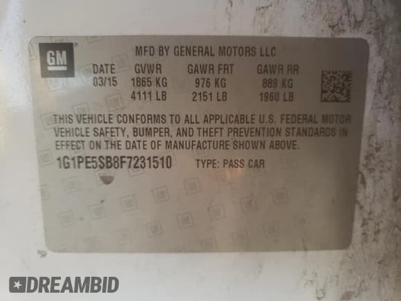 ✅ 2015 Chevrolet Cruze LT • VIN: 1G1PE5SB8F7231510 • Lot: 85273875. Listed on Copart with 160,996 mi. Free auction sales archive from the USA and detailed vehicle history report at DreamBid. Image 12.