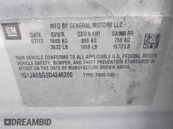 2013 Chevrolet Sonic LS z VIN 1G1JA6SG0D4246200, wystawiony jako IAAI lot #43127143 z przebiegiem 132 751 mil mil oraz . Historia ofert i sprzedaży dostępna na DreamBid. Obrazek 9.