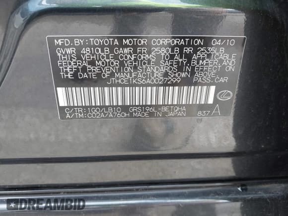 ✅ 2010 Lexus GS 350 • VIN: JTHCE1KS6A0027299 • Lot: 42390208. Listed on IAAI with 222,908 mi. Free auction sales archive from the USA and detailed vehicle history report at DreamBid. Image 9.