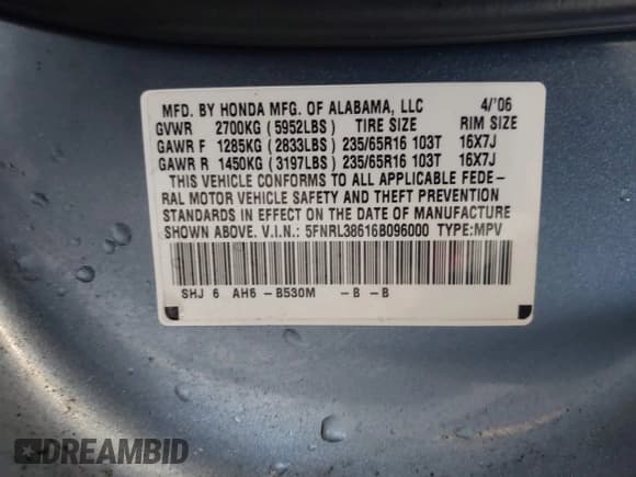 ✅ 2006 Honda Odyssey EX-L • VIN: 5FNRL38616B096000 • Lot: 43805814. Listed on IAAI with 220,813 mi. Free auction sales archive from the USA and detailed vehicle history report at DreamBid. Image 9.