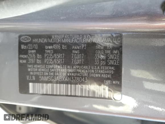 ✅ 2010 Hyundai Santa Fe GLS • VIN: 5NMSG3ABXAH378043 • Lot: 75190574. Listed on Copart with 185,942 mi. Free auction sales archive from the USA and detailed vehicle history report at DreamBid. Image 13.