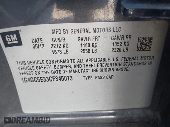 ✅ 2012 Buick LaCrosse Leather • VIN: 1G4GC5E33CF345073 • Lot: 42294945. Listed on IAAI with 104,805 mi. Free auction sales archive from the USA and detailed vehicle history report at DreamBid. Image 9.