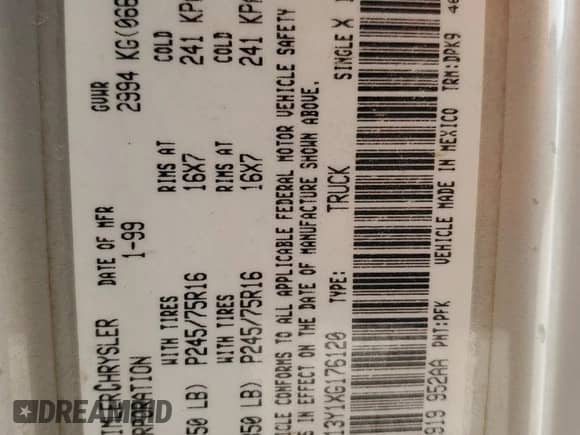 1999 Dodge 1500 with VIN 3B7HF13Y1XG176120, listed as a Copart auction lot 79010854 with 154,800 mi miles and Salvage title. Bid and sale history available at DreamBid. Image 12.