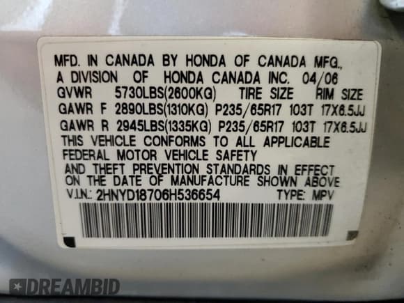 ✅ 2006 Acura MDX Touring RES • VIN: 2HNYD18706H536654 • Lot: 83998965. Listed on Copart with 200,918 mi. Free auction sales archive from the USA and detailed vehicle history report at DreamBid. Image 14.