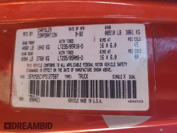 ✅ 1993 Dodge D/W 250 • VIN: 1B7KM26CXPS127587 • Lot: 67780235. Listed on Copart with 225,314 mi. Free auction sales archive from the USA and detailed vehicle history report at DreamBid. Image 12.