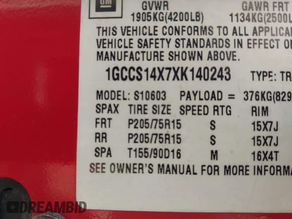 ✅ 1999 Chevrolet S-10 LS • VIN: 1GCCS14X7XK140243 • Лот: 42440979. Опубликован ранее на IAAI с пробегом 167 672 миль. Бесплатный доступ к архиву аукционных продаж из США и подробный отчёт об истории автомобиля на DreamBid. Изображение 9.