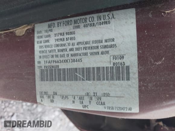 ✅ 1999 Ford Contour SE • VIN: 1FAFP6634XK138445 • Lot: 42835260. Listed on IAAI with 126,100 mi. Free auction sales archive from the USA and detailed vehicle history report at DreamBid. Image 9.