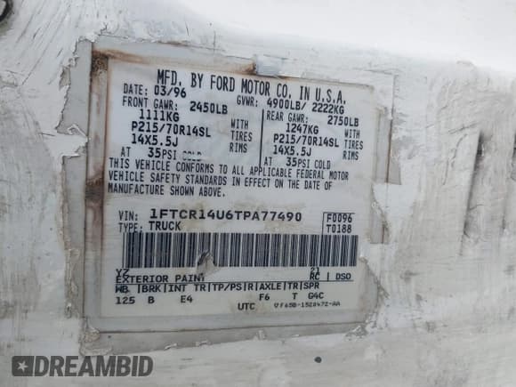 ✅ 1996 Ford Ranger XL • VIN: 1FTCR14U6TPA77490 • Lot: 43923611. Listed on IAAI with 117,359 mi. Free auction sales archive from the USA and detailed vehicle history report at DreamBid. Image 9.