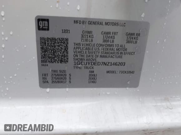 ✅ 2022 Chevrolet Silverado 1500 LT • VIN: 1GCUYDED7NZ146203 • Lot: 43382274. Listed on IAAI with 35,494 mi. Free auction sales archive from the USA and detailed vehicle history report at DreamBid. Image 9.