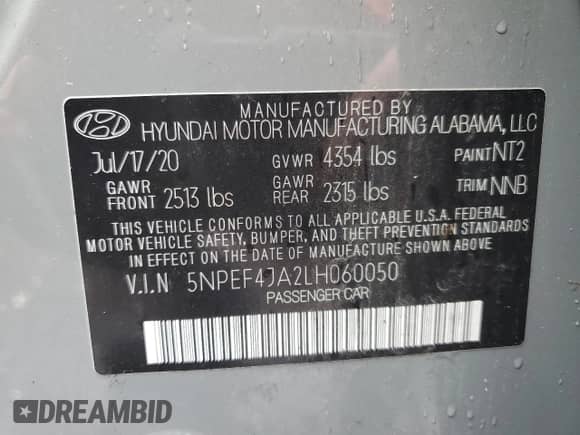 2020 Hyundai Sonata SEL z VIN 5NPEF4JA2LH060050, wystawiony jako Copart lot #67346822 z przebiegiem 40 182 mil mil oraz . Historia ofert i sprzedaży dostępna na DreamBid. Obrazek 10.
