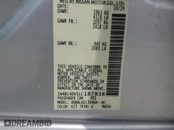 ✅ 2020 Nissan Altima SV • VIN: 1N4BL4DV5LC187838 • Lot: 58507735. Listed on Copart with 198,139 mi. Free auction sales archive from the USA and detailed vehicle history report at DreamBid. Image 12.