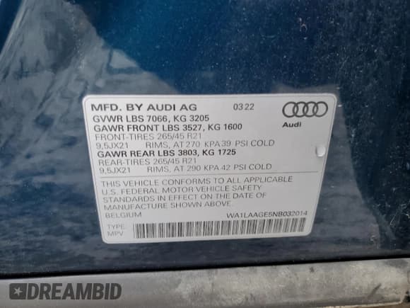 ✅ 2022 Audi e-tron Premium Plus • VIN: WA1LAAGE5NB032014 • Lot: 36308553. Wystawiony na Copart z przebiegiem 11 624 mil. Bezpłatny archiwum sprzedaży aukcyjnych z USA i szczegółowy raport historii pojazdu na DreamBid. Zdjęcie 12.