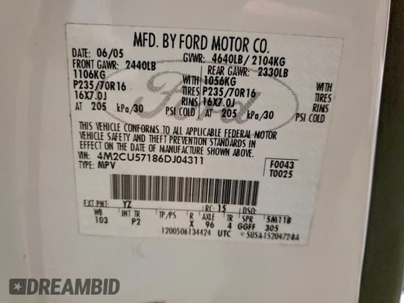 ✅ 2006 Mercury Mariner Luxury • VIN: 4M2CU57186DJ04311 • Lot: 96292005. Listed on Copart with 186,506 mi. Free auction sales archive from the USA and detailed vehicle history report at DreamBid. Image 13.