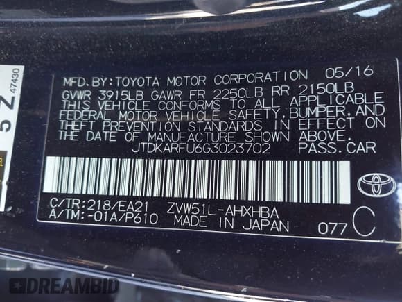 ✅ 2016 Toyota Prius Four • VIN: JTDKARFU6G3023702 • Lot: 43849935. Listed on IAAI with 123,549 mi. Free auction sales archive from the USA and detailed vehicle history report at DreamBid. Image 9.