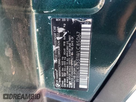 ✅ 1998 BMW 3 Series M Roadster • VIN: WBSCK9331WLC85067 • Lot: 69520205. Listed on Copart with 137,580 mi. Free auction sales archive from the USA and detailed vehicle history report at DreamBid. Image 12.