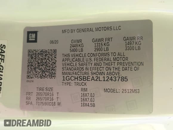 ✅ 2020 Chevrolet Colorado 2WD Work Truck • VIN: 1GCHSBEA2L1243785 • Lot: 43209539. Listed on IAAI with 49,127 mi. Free auction sales archive from the USA and detailed vehicle history report at DreamBid. Image 9.