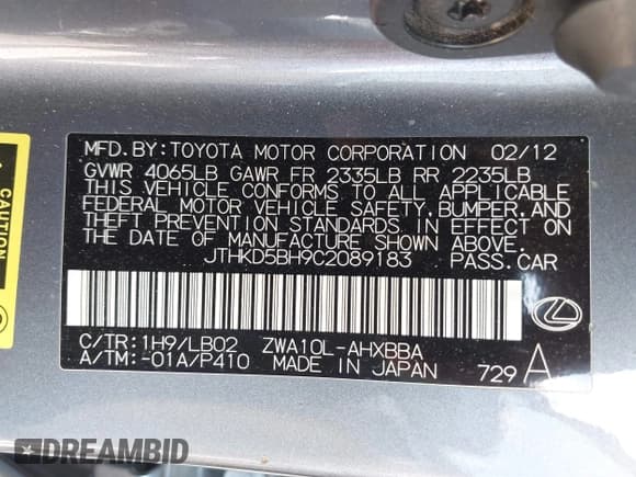 ✅ 2012 Lexus CT 200h Premium • VIN: JTHKD5BH9C2089183 • Lot: 43231684. Listed on IAAI with 100,246 mi. Free auction sales archive from the USA and detailed vehicle history report at DreamBid. Image 9.