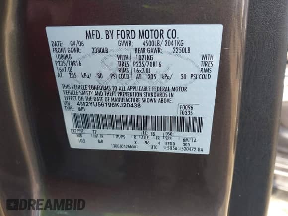 2006 Mercury Mariner Luxury с VIN 4M2YU56196KJ20438, выставлен на аукционе IAAI как лот 42394996 с пробегом 164 564 миль миль и . История ставок и продаж доступна на DreamBid. Изображение 9.