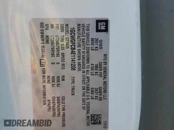 ✅ 2014 Chevrolet Express Cargo • VIN: 1GCWGFCB4E1141208 • Lot: 82559665. Listed on Copart with 169,304 mi. Free auction sales archive from the USA and detailed vehicle history report at DreamBid. Image 14.