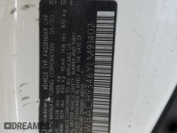 ✅ 2000 BMW Z3 2.5 • VIN: WBACH9346YLM91402 • Lot: 86842375. Listed on Copart with 151,390 mi. Free auction sales archive from the USA and detailed vehicle history report at DreamBid. Image 12.