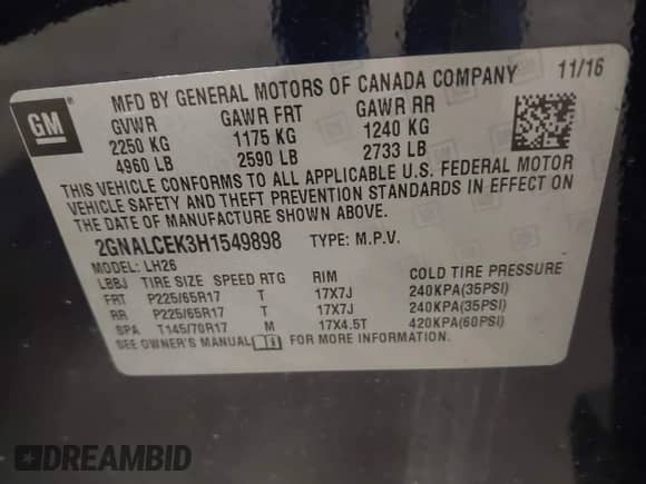 2017 Chevrolet Equinox LT z VIN 2GNALCEK3H1549898, wystawiony jako IAAI lot #43342540 z przebiegiem 145 018 mil mil oraz . Historia ofert i sprzedaży dostępna na DreamBid. Obrazek 9.