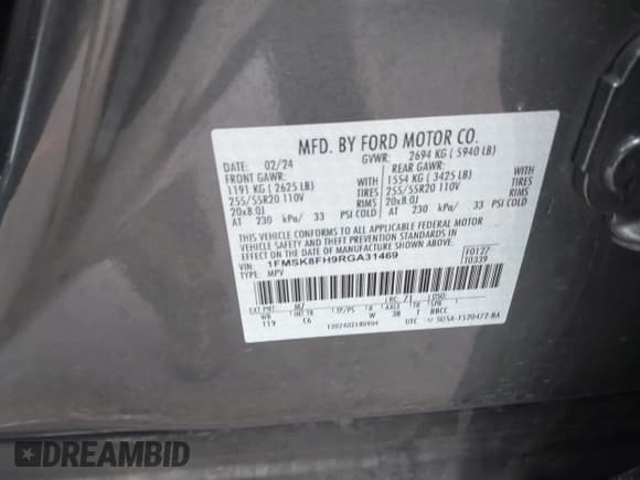 ✅ 2024 Ford Explorer Limited • VIN: 1FMSK8FH9RGA31469 • Lot: 43737830. Wystawiony na IAAI z przebiegiem 41 398 mil. Bezpłatny archiwum sprzedaży aukcyjnych z USA i szczegółowy raport historii pojazdu na DreamBid. Zdjęcie 9.