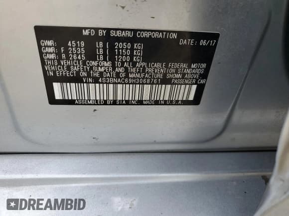 ✅ 2017 Subaru Legacy Premium • VIN: 4S3BNAC69H3068761 • Lot: 80390945. Listed on Copart with 66,852 mi. Free auction sales archive from the USA and detailed vehicle history report at DreamBid. Image 13.