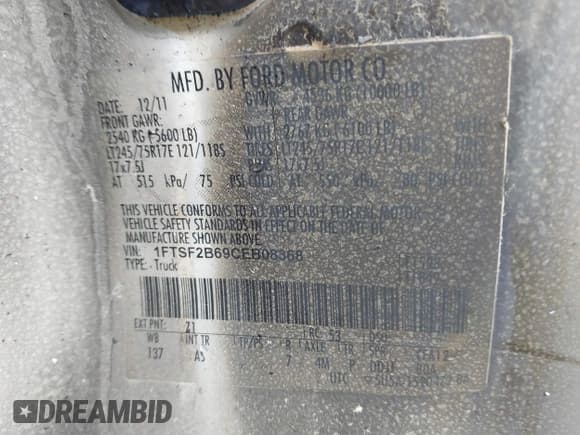 ✅ 2012 Ford F-250 • VIN: 1FTSF2B69CEB08368 • Лот: 41718142. Опубликован ранее на IAAI с пробегом Не указан. Бесплатный доступ к архиву аукционных продаж из США и подробный отчёт об истории автомобиля на DreamBid. Изображение 9.