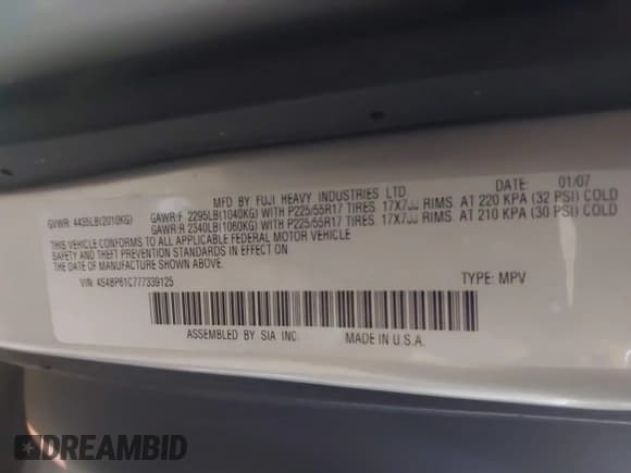 ✅ 2007 Subaru Legacy Outback • VIN: 4S4BP61C777339125 • Lot: 43875932. Listed on IAAI with 188,797 mi. Free auction sales archive from the USA and detailed vehicle history report at DreamBid. Image 9.