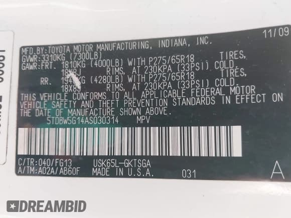 ✅ 2010 Toyota Sequoia SR5 • VIN: 5TDBW5G14AS030314 • Лот: 41987497. Опубликован ранее на IAAI с пробегом 263 876 миль. Бесплатный доступ к архиву аукционных продаж из США и подробный отчёт об истории автомобиля на DreamBid. Изображение 9.