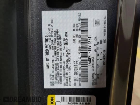 2024 Ford Mustang EcoBoost with VIN 1FAGP8UH1R5136541, listed as a Copart auction lot 59295935 with Not provided miles and Salvage title. Bid and sale history available at DreamBid. Image 13.